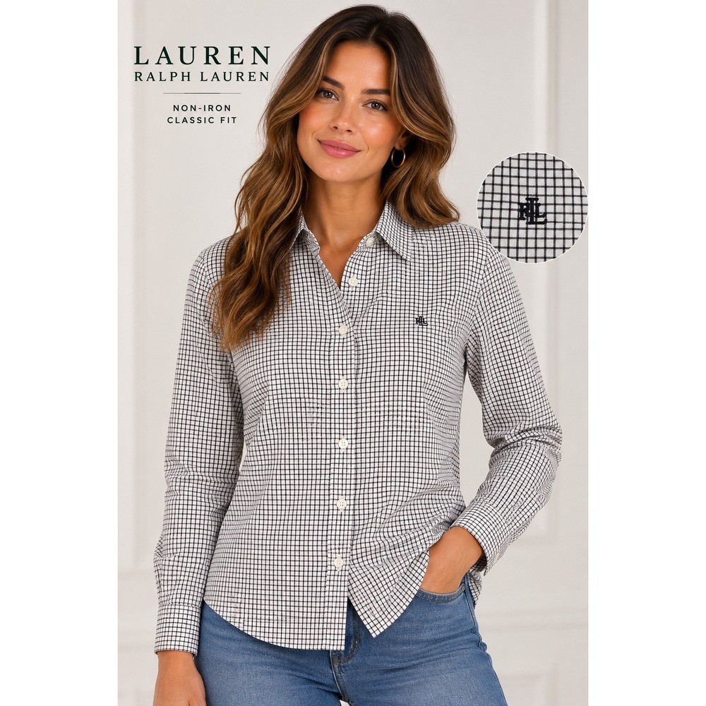 Lauren Ralph Lauren Womens XL Non-Iron Cotton Button Down Shirt Navy White Check